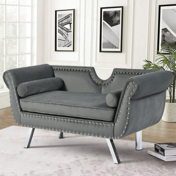 Gray Accent Loveseat, Velvet Loveseat with 2 Pillows, MidCentury Small