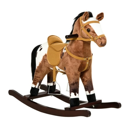 Qaba Kids Ride-On Rocking Horse - Plush Animal Toy with Sounds - Dark Brown/White - Classic Rocker for Toddlers Ages 3 , Lightweight & Durable Metal Frame