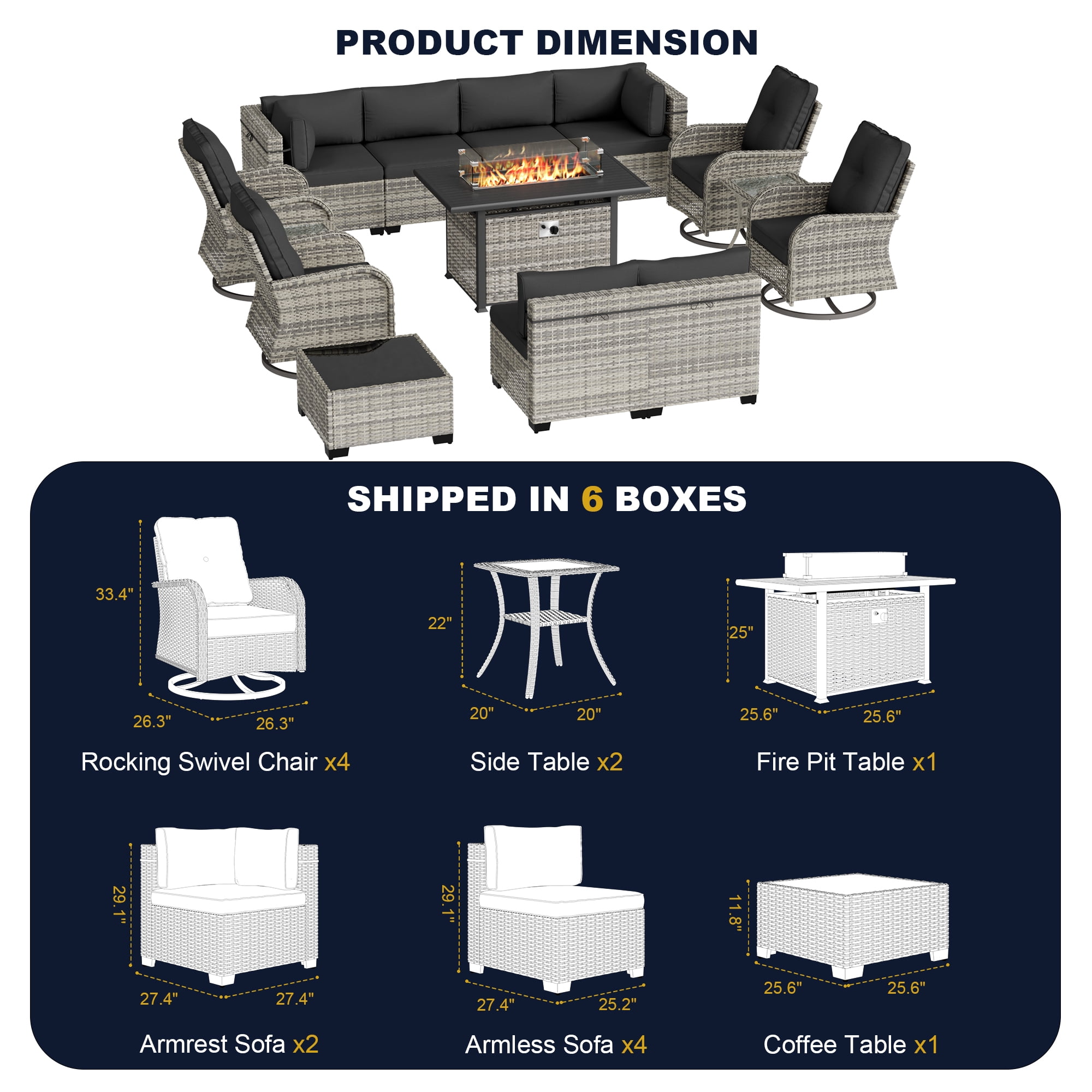 14-Piece Outdoor Patio Furniture Set with Rocking Swivel Chair, Wicker Rattan Sectional Sofa Conversation Set with 55,000 BTU Fire Pit Table, Backyard Furniture,Dark Grey