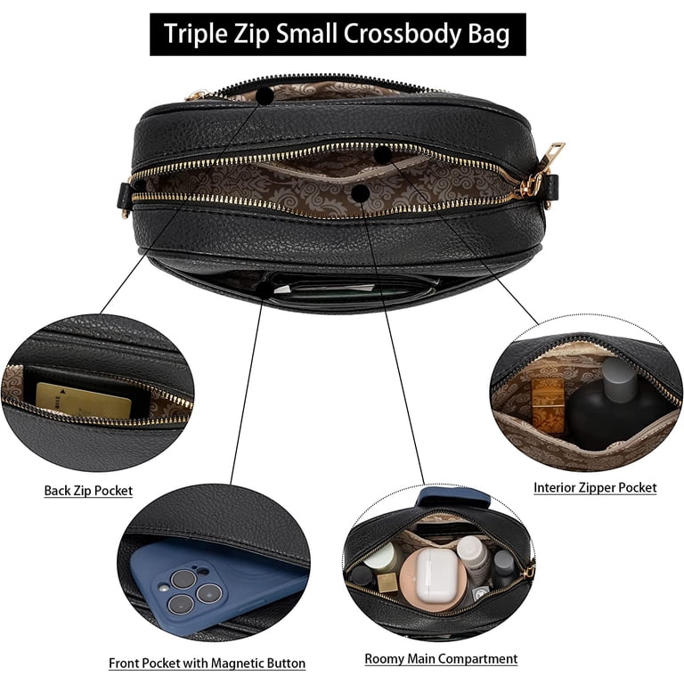 Euphrates Triple Zip Small Crossbody Bag, Vegan PU Leather