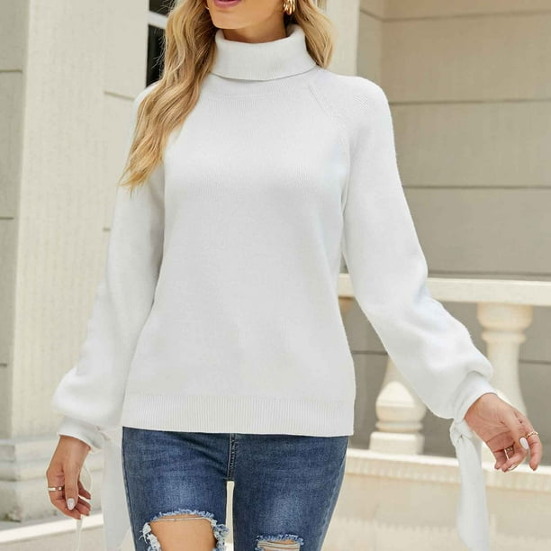 Womens Sweaters Clearance Women's Fashion Long Sleeves Turtleneck Loose  Solid Color Tops Blouse Knitted Sweater White XL JE 