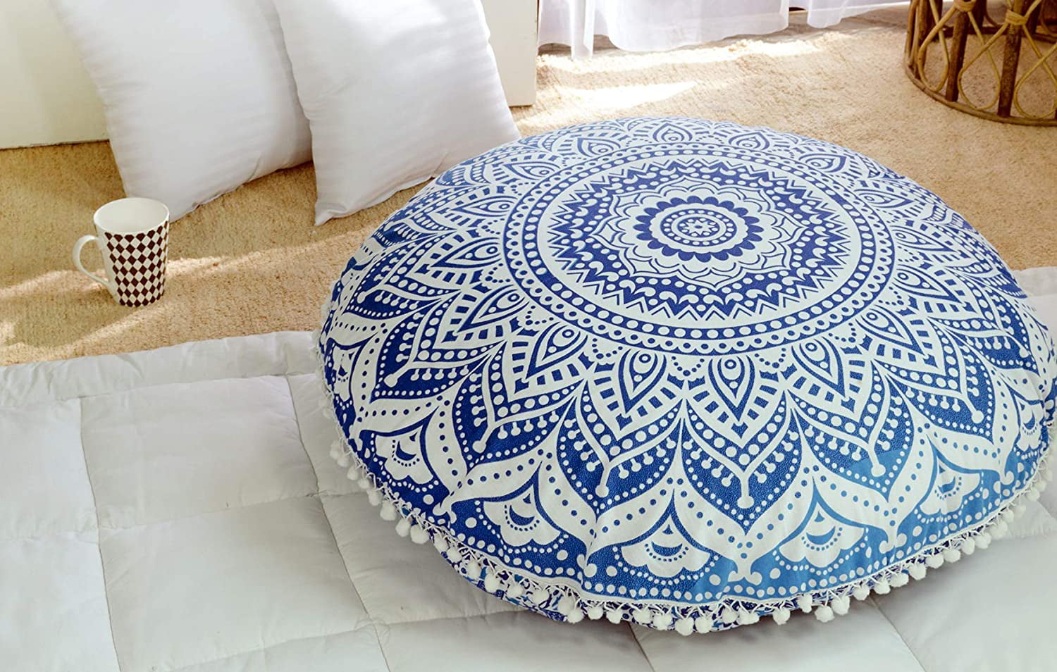 OMBRE MANDALA ROUND FLOOR OTTOMAN POUF GOLD COLORED PILLOW COVER INDIAN DECOR 