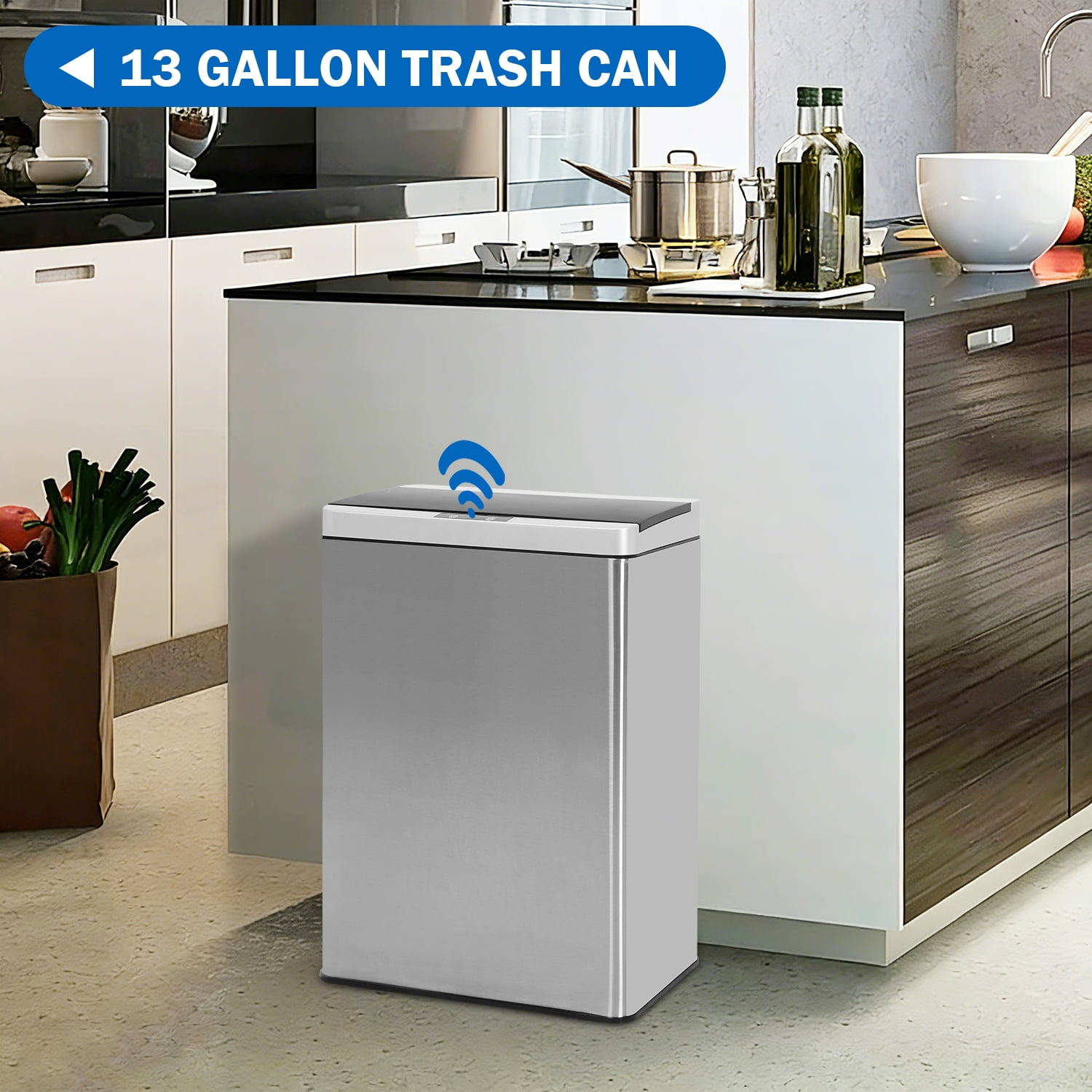 NiamVelo 13 Gallon Kitchen Trash Can with Lid, Automatic Touch Free Stainless Steel Garbage Can for Home Office, Silver
