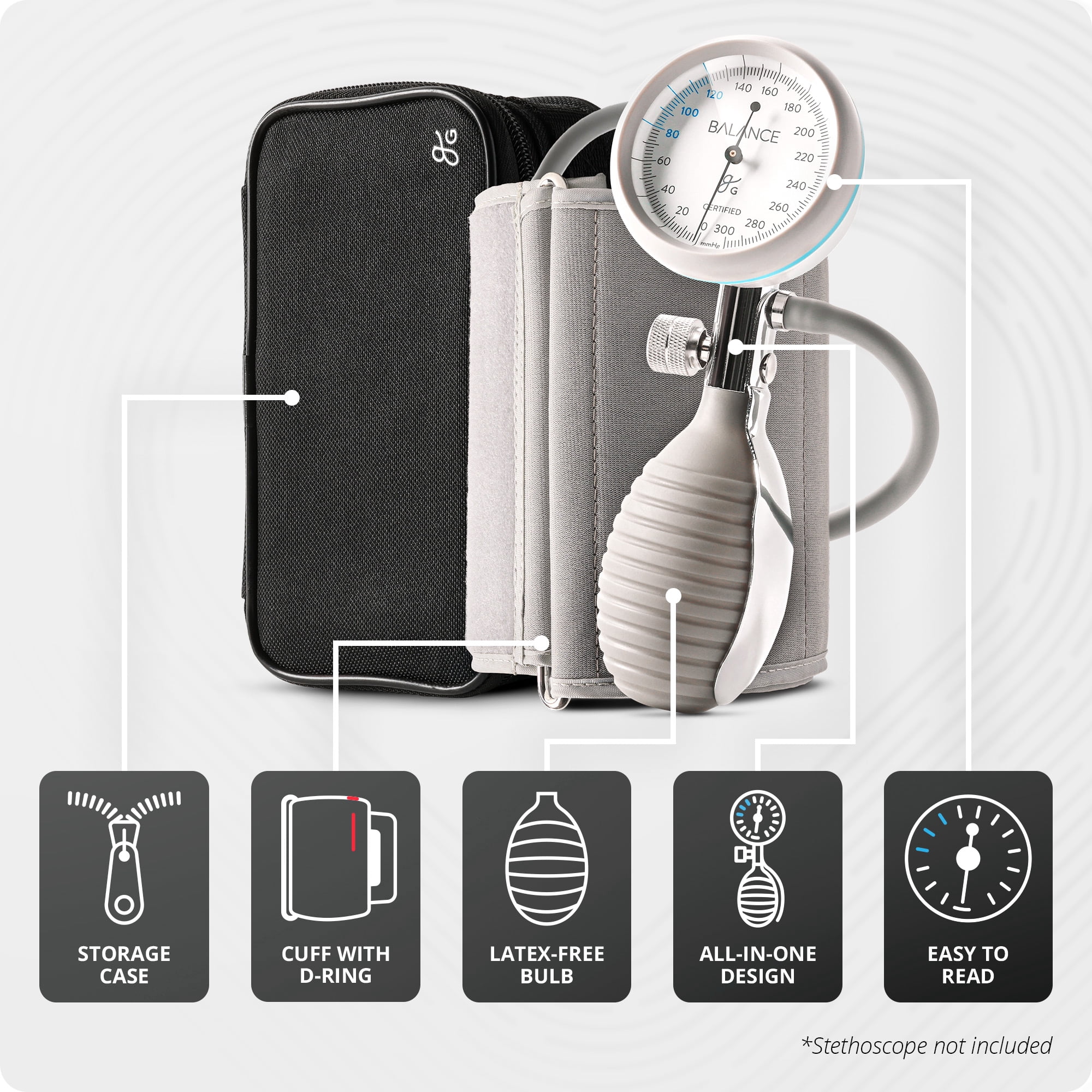 Greater Goods Sphygmomanometer, Latex-Free Manual Blood Pressure Cuff, Home Use, Elderly Care with Carrying Case, Cloud Gray
