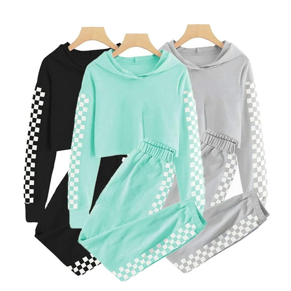 Esaierr Girls' Sweatshirt Clothing 2 Piece Sets for Toddler Kids Hoodie Long Sleeve Plaid Sweatsuit Tops Sweatpants Spring Fall Tracksuits Outfits 5-14 Years