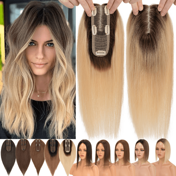 Benehair Handtied Lace Base Clip In Hairpiece with 5 Clips 100% Remy Real Human Hair Topper Hair Piece Wigs For Woman Thin Hair Loss 2"*6" Middle Part Top Piece 15cmx5cm Brown 10inch