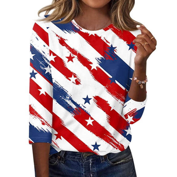 4th Of July T Shirts for Women 3/4 Sleeve Tops for Women Usa 250th Anniversary Shirt Casual Loose Fit Patriotic 4th Of July T-Shirt