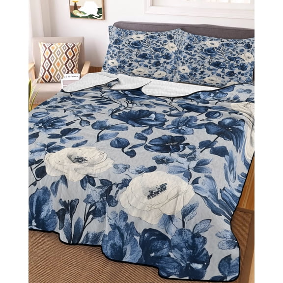 Navy Blue White Peony Queen Size Down Alternative Comforter, Lightweight Comforter Quilt Bedding Set with Pillow Shams Vintage Floral Blossom All Seasons Bed Comforter Duvet Insert 90"x96"