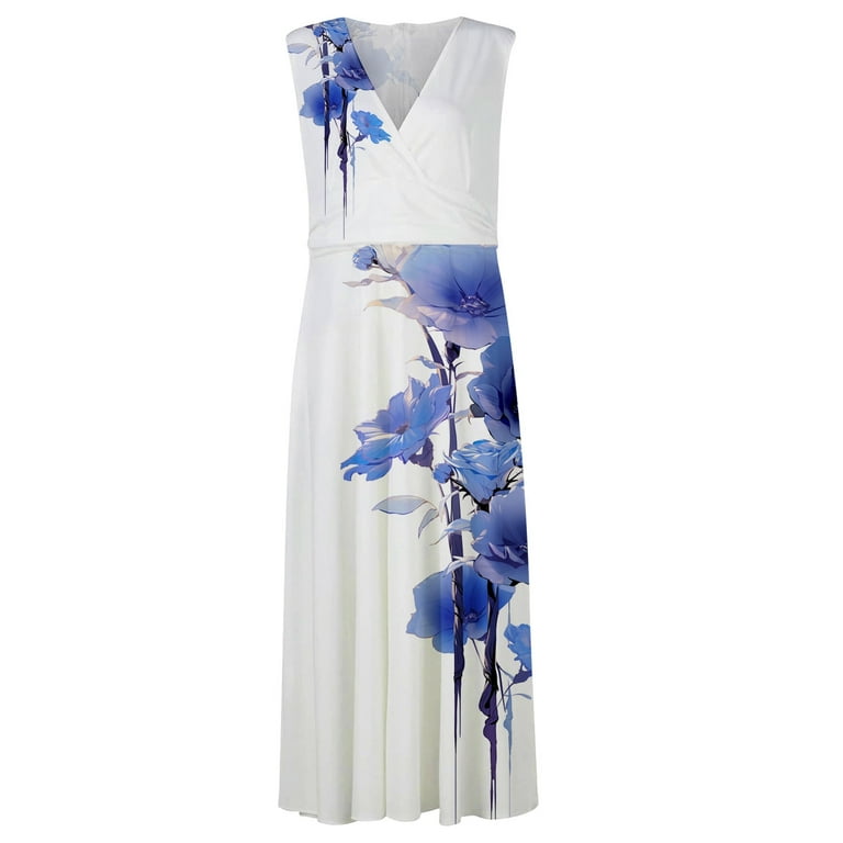 Ladies Fashion Casual V Neck Floral Print Sleeveless Dress Long Dress  Summer Dress for Women Short Midi Summer Dress plus Size Dresses for Women  Summer Maxi Dress with Pockets for Women Short