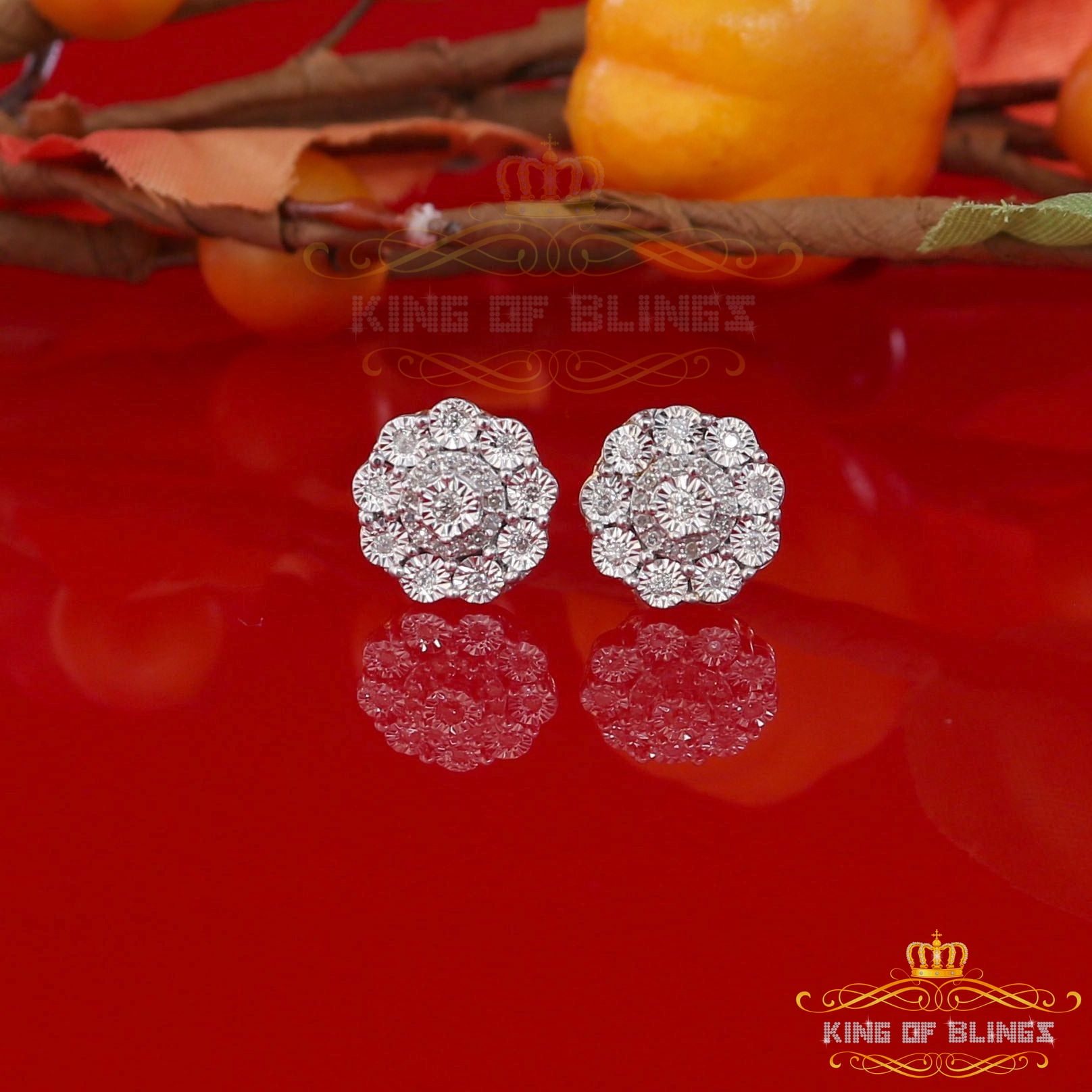 King of Bling's 10K Real Yellow Gold with 0.20CT Diamonds stud Floral Earrings For Women And Men
