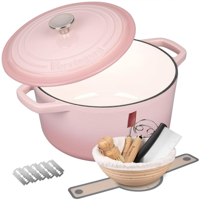 Olla holandesa VORRINGARD de hierro fundido esmaltado rosa de 4,5 qt con set para pan