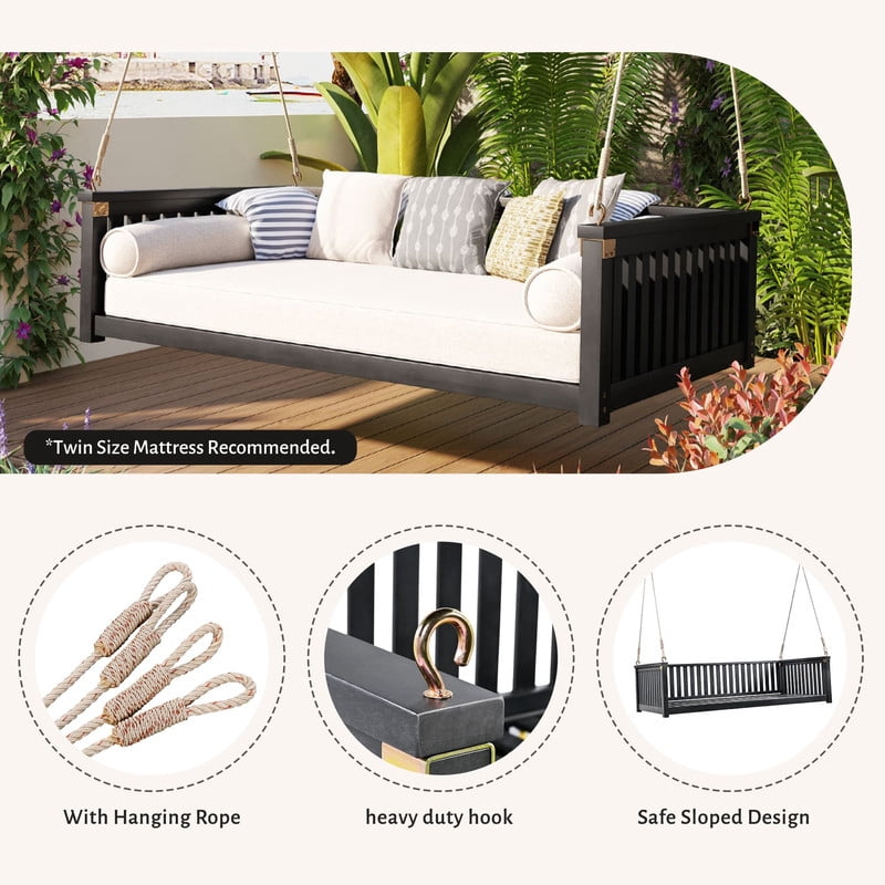 Patio Twin Size Garden Swing Bed, Wooden Porch Swing Frame with Ropes, Outdoor Hanging Swing for Garden, Backyard, Patio, Safe Sloped Design