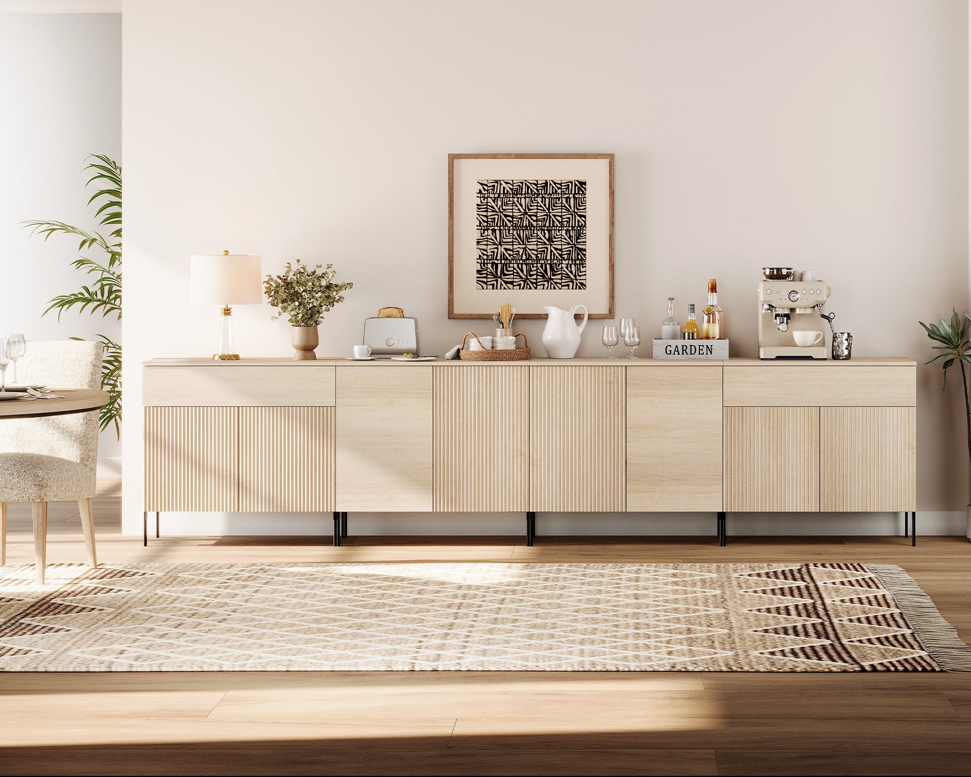 126" Modern Reeded 8-Door Sideboard with Drawers, 4-In-1 Wooden Credenza Storage Cabinet for Kitchen, Dining Room