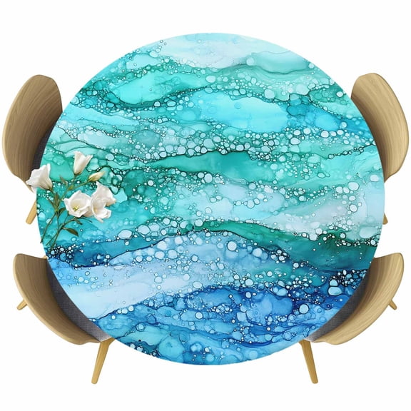Moroccon Round Tablecloth 55-60 Inch Round Fitted Table Cloth with Elastic Edge, Turquoise Blue Waterproof Table Cover Protector for Outdoor Picnic Party Dining