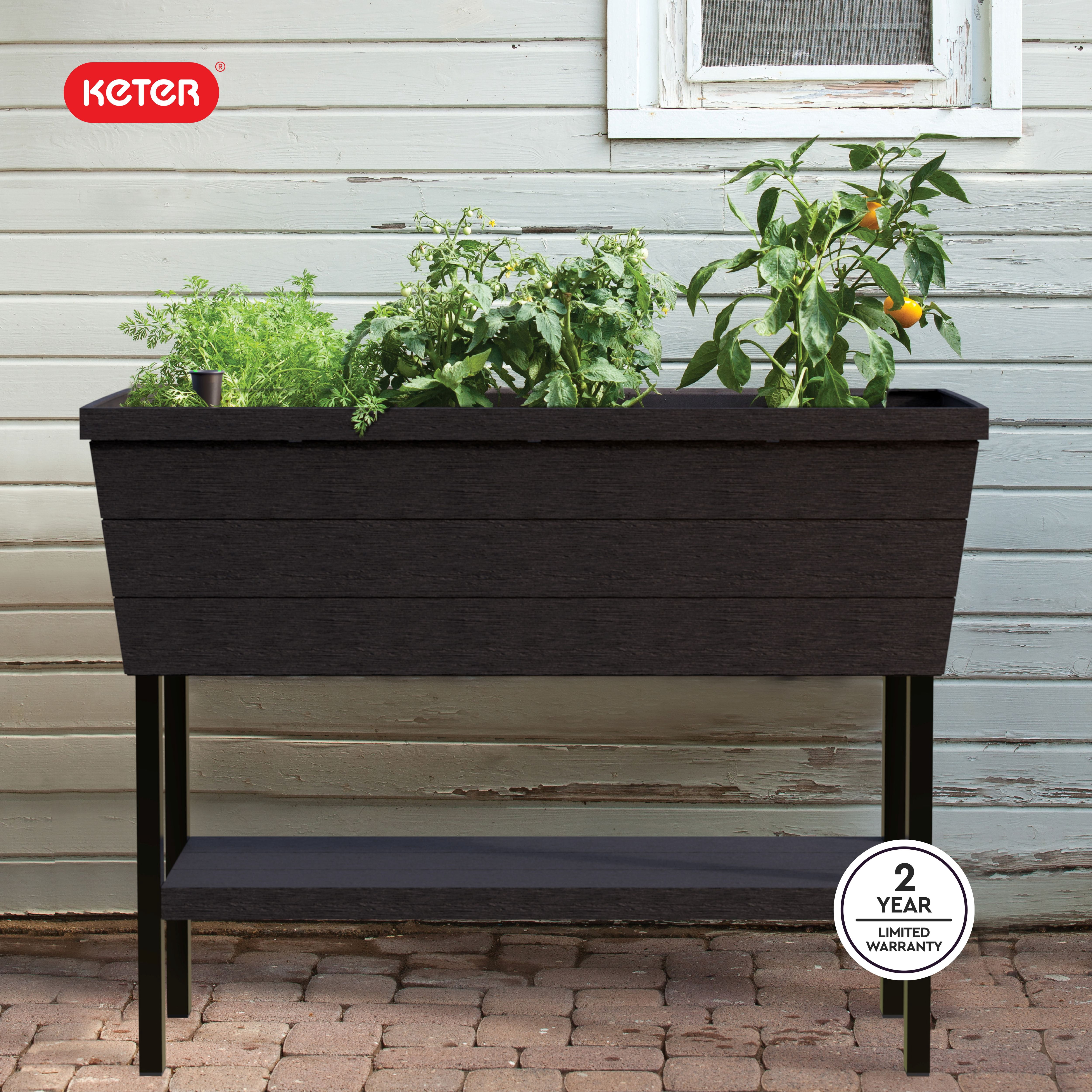Keter Urban Bloomer 12.7 Gallon Raised Garden Bed and Outdoor Herb Garden Planter with Drainage Plug, Dark Grey
