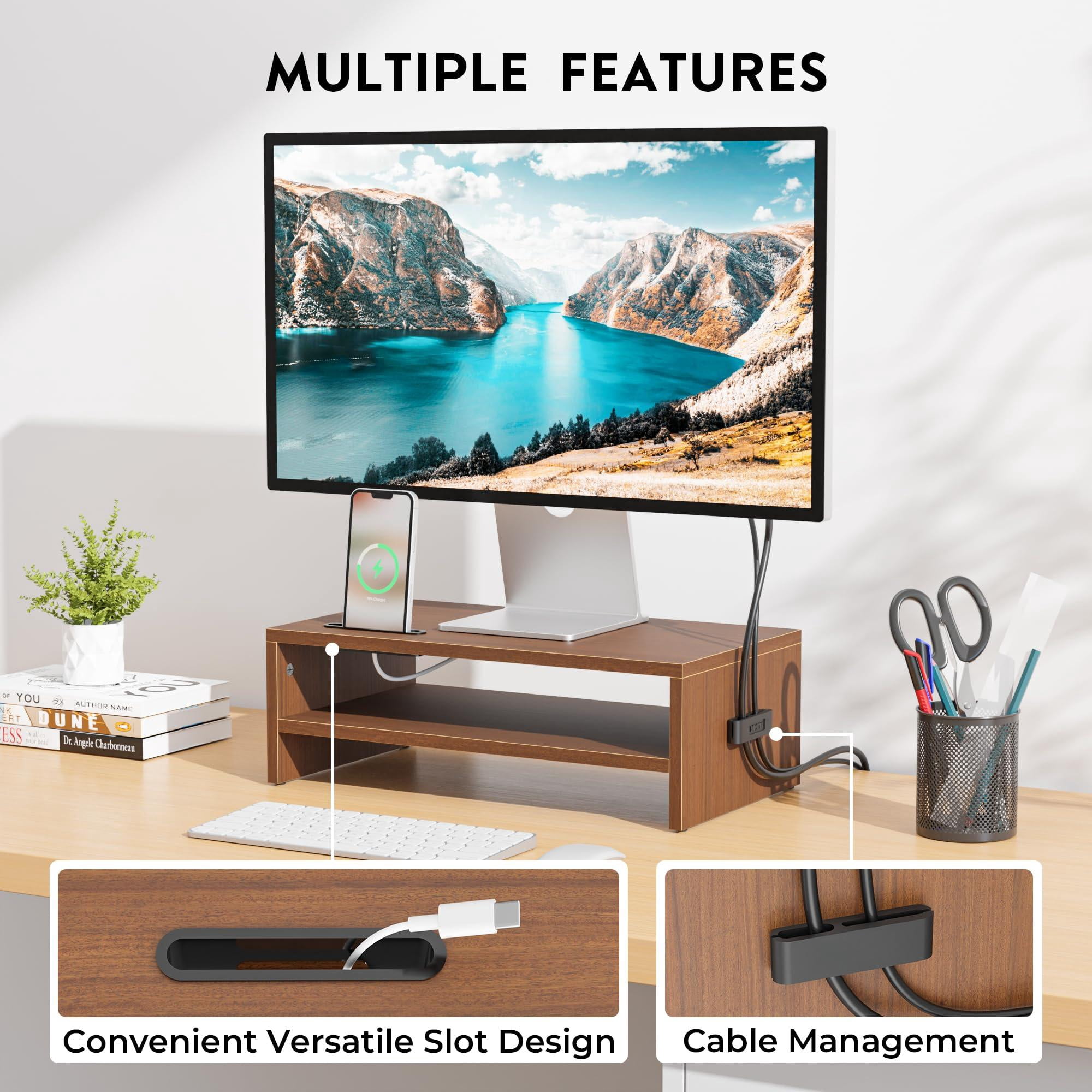 Wooden Monitor Stand Riser  2-tier Desk Shelf With Storage Organizer Computer Cable Management Cellphone Holder Walnut 16.5 Inch