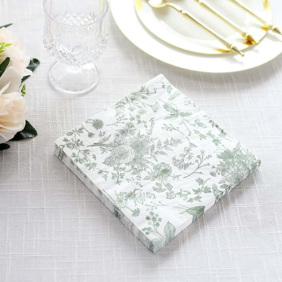 Efavormart 20 Pack White Sage Green Floral Print Paper Beverage Napkins, Soft 2-Ply Highly Absorbent Disposable Cocktail Napkins