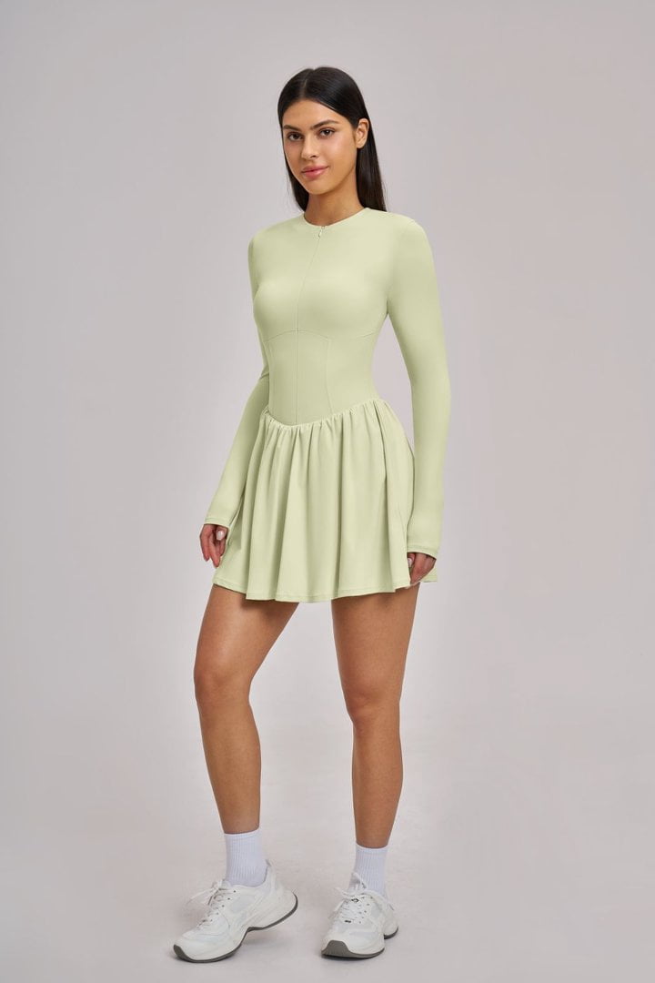 PISONIC Women Tennis Dress Long Sleeve Athletic Outfit with Built in Shorts Mini Golf Workout Dress with Pockets