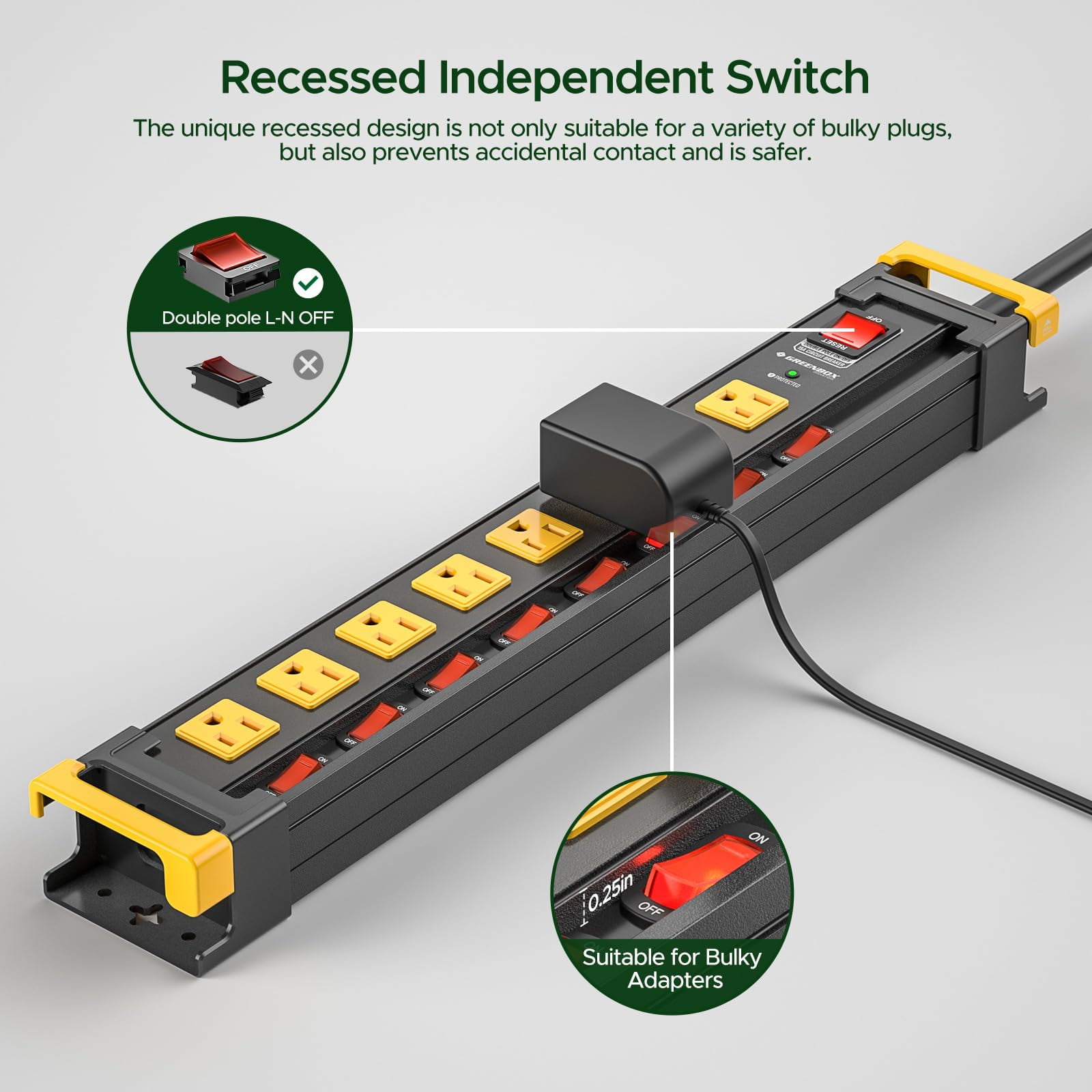 8 Outlet Heavy Duty Power Strip with Individual Switches, 3300J Metal Surge Protector Power Strip with Flat Plug, 15A Circuit Breaker, Wide Spaced, Cord Management, 6Ft Cord