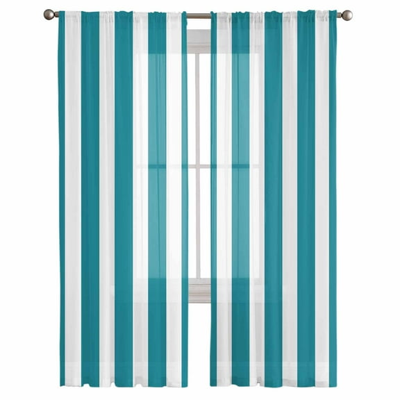 Teal Striped Semi Sheer Curtains 108 Inch Length 2 Panels Set, Simple Art Vertical Stripe Farmhouse Sheer Kitchen Curtain Privacy Voile Window Curtain for Living Room Bedroom Rod Pocket Drapes