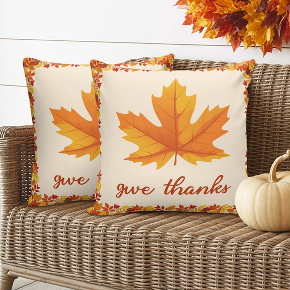 Fall Maple Leaf Outdoor Waterproof Pillow Covers Set of 2, Thanksgiving Give Thanks Pillowcase Decorative Throw Cushion Cases for Patio Garden Couch 24 x 24 Inches