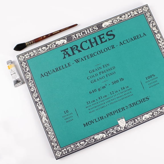 ARCHES® Aquarelle Watercolor Paper Block, Heavyweight, Cold Press, Natural White, 300 lb (640 gsm), 10 Sheet, 12x16 in, 1 Count