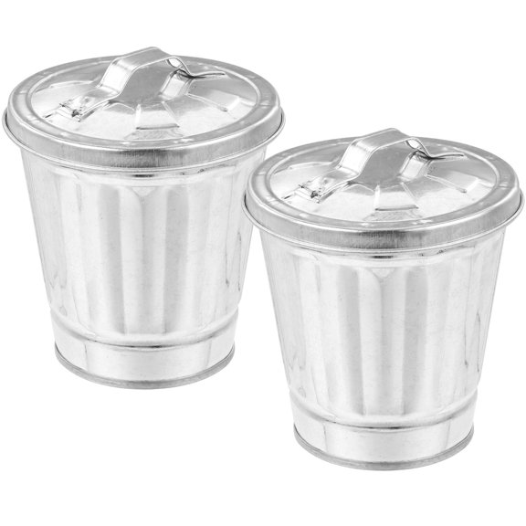 KALLORY 2Pcs Desktop Trash Can Galvanized Iron Small Metal Garbage Pail With Lid For Home Use