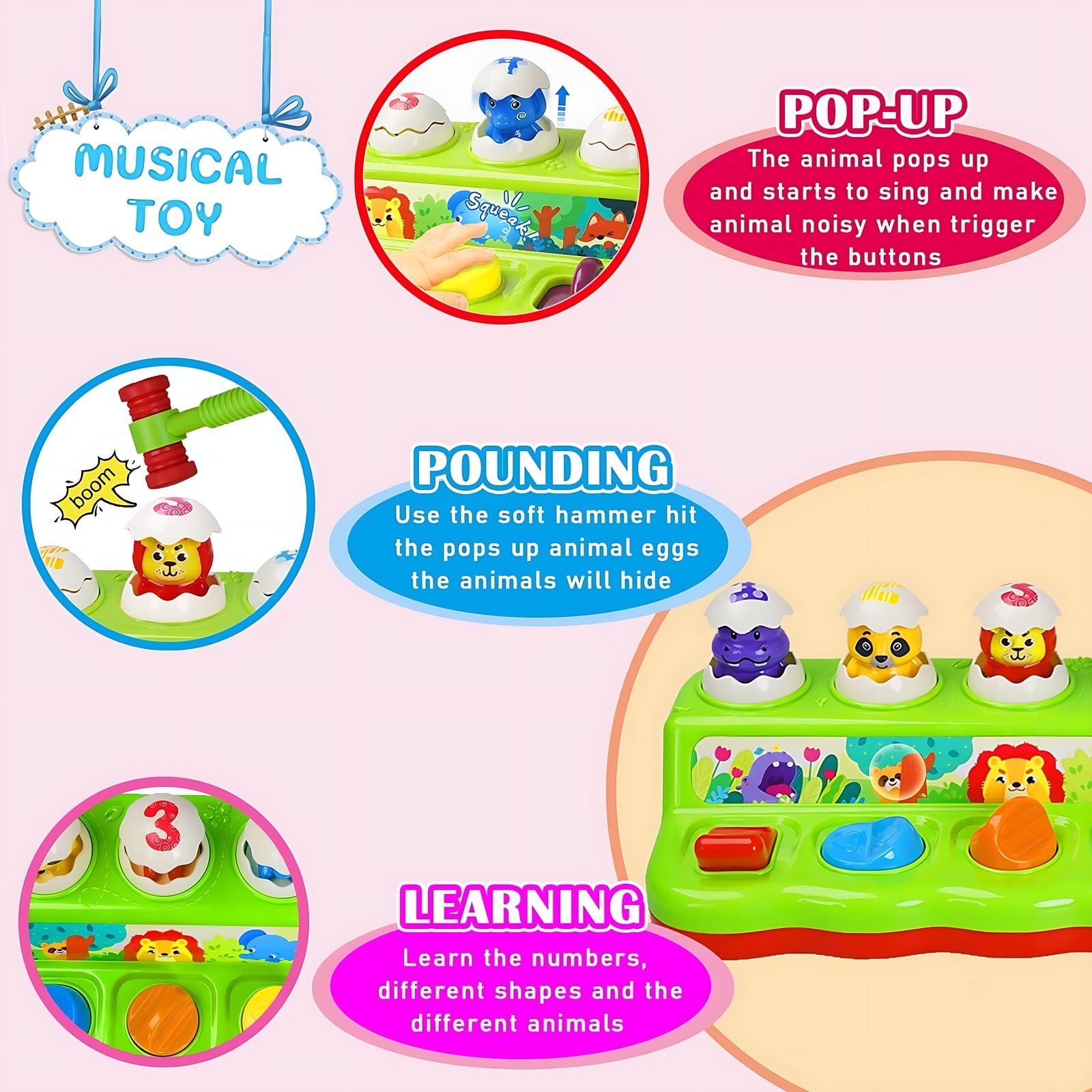 Yerloa Interactive Pop up Animal Toys with Music & Light, Montessori Cause and Effect Toys for 1 Year Old Boy Girl Early Learning Musical Baby Toy 9-12-18 Months STEM Toddler Toy Age 1-2 Gift