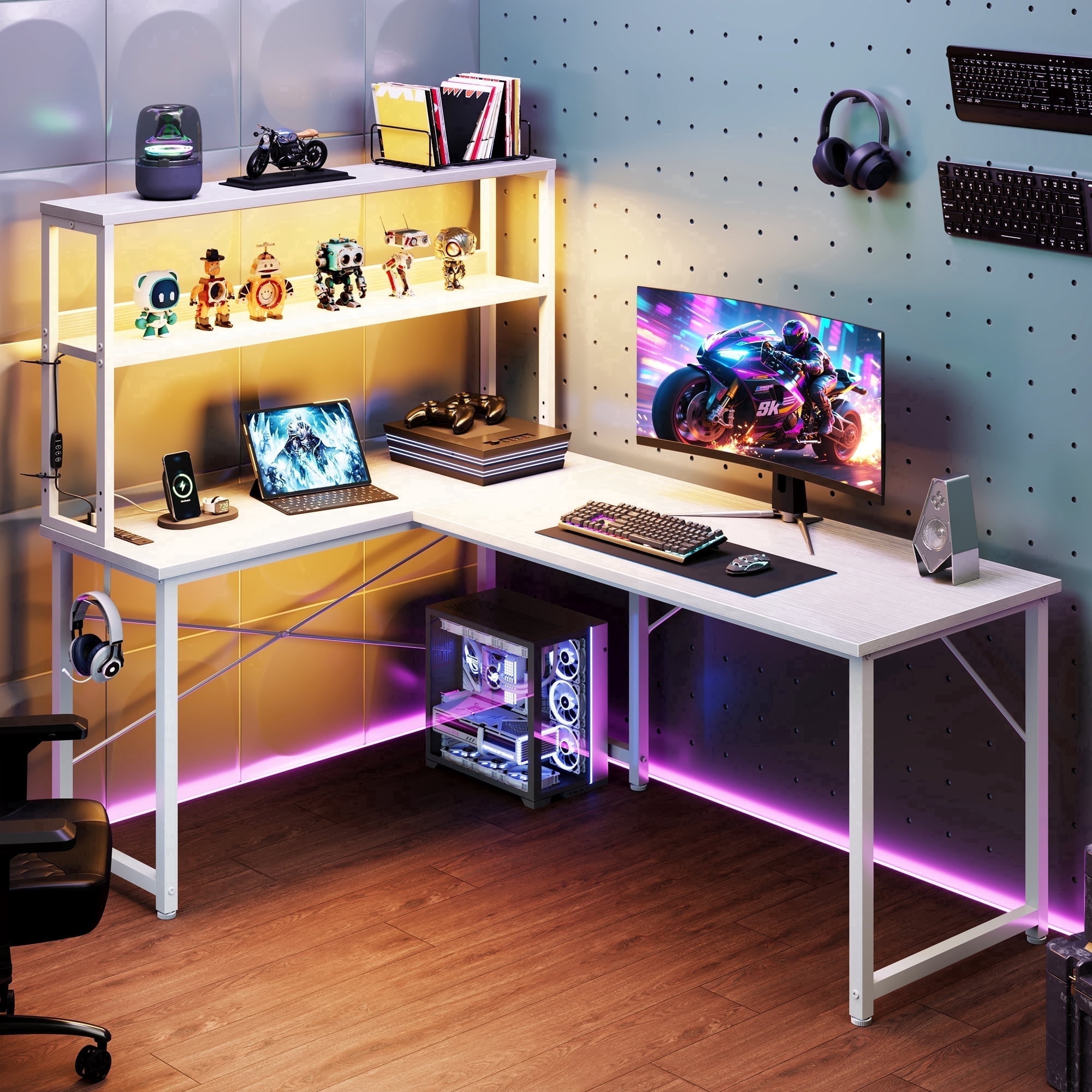 Casacomoda 53 Inch L Shaped Desk with LED Light & Power Outlet, Reversible L Shaped Computer Table with Shelf & Hook for Home Office, White