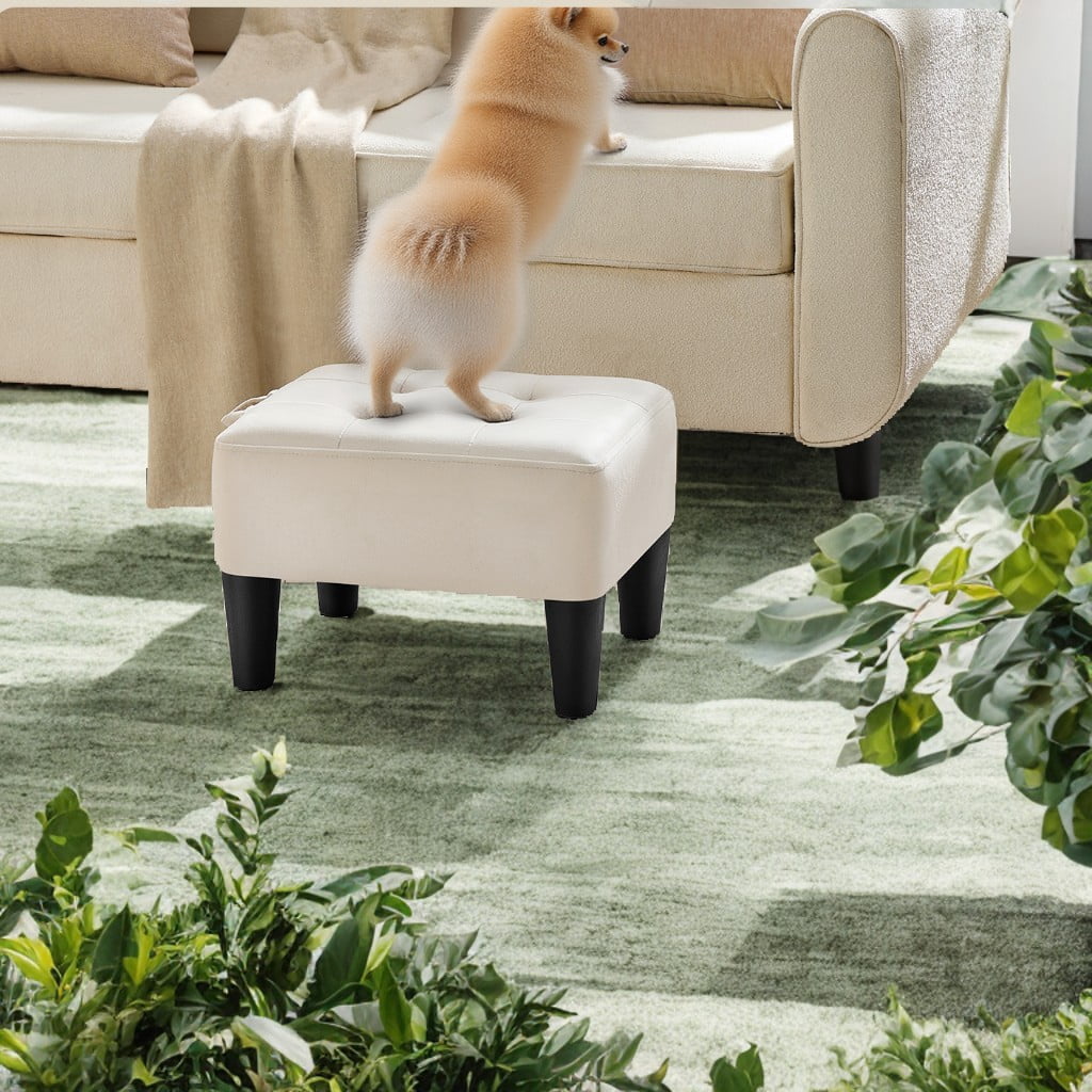 LEDREM Small Ottoman Foot Stool with Thick Cushion, Footrest with Sturdy Angled Legs for Living Room, Bedroom, Entryway, Cream White