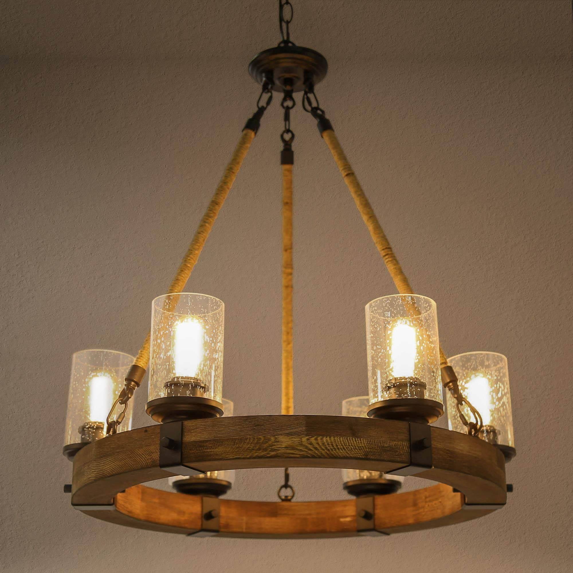 LNC 6-Light Distressed Wood and Black Wagon Wheel Chandelier with Seeded Glass