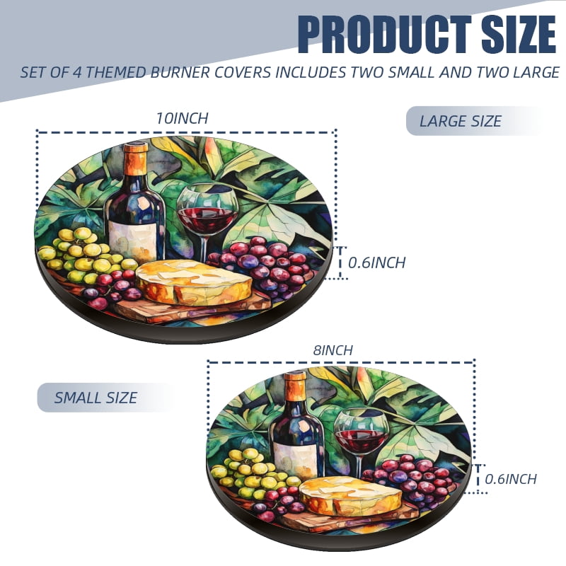 Round Electric Stove Burner Covers for Electric Stove, Wine and Grapes Cheese Decorative Metal Gas Stove Burner Covers Set of 4 for Kitchen, 8 Inches and 10 Inches