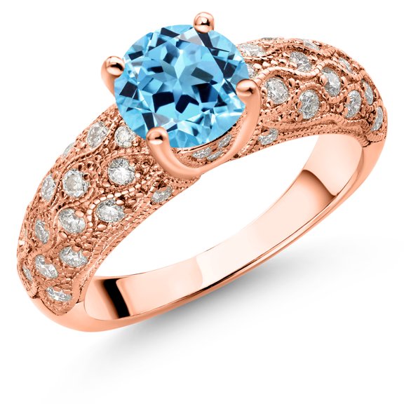Gem Stone King 18K Rose Gold Plated Silver Swiss Blue Topaz and White Moissanite Engagement Ring for Women (1.99 Cttw, Round 7MM, Gemstone November Birthstone, Size 9)