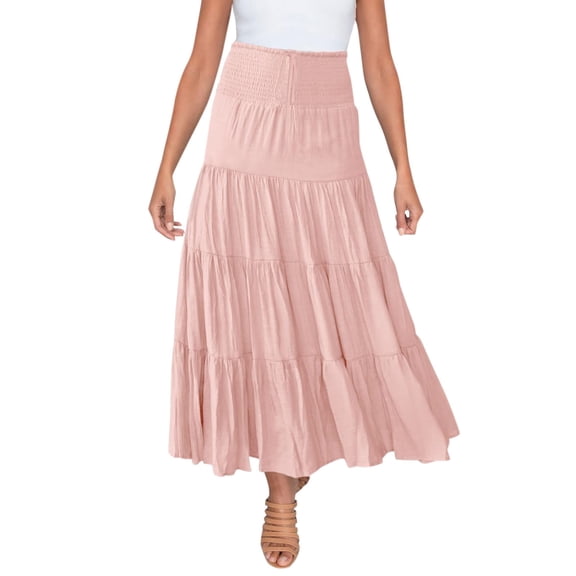 MIXUE Skirts For Women Summer Solid Color Elastic High Waist Boho Ruffle A Line Maxi Skirt Daily-Wear,Pink,XL