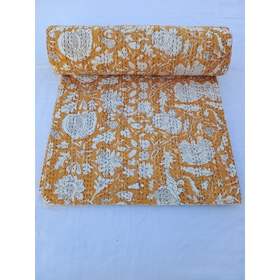 Mustard Floral Kantha Quilt: Hand-stitched Indian Cotton Bedspread