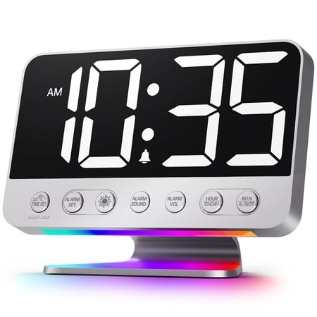 Digital Alarm Clock for Bedrooms, Large Bold Display with 5‑Level Brightness Dimmer, 8‑Color Night Light, 5 Alarm Sounds, Adjustable Volume Loud Alarm for Heavy Sleepers, Silver