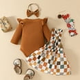 thumbnail image 5 of GYRATEDREAM Newborn Baby Girls Thanksgiving Outfit Infant Long Sleeve Romper + Plaid Print Strap Dress + Headband Skirt 3Pcs Set Toddler Fall Clothes for 0-18 Months, 5 of 9