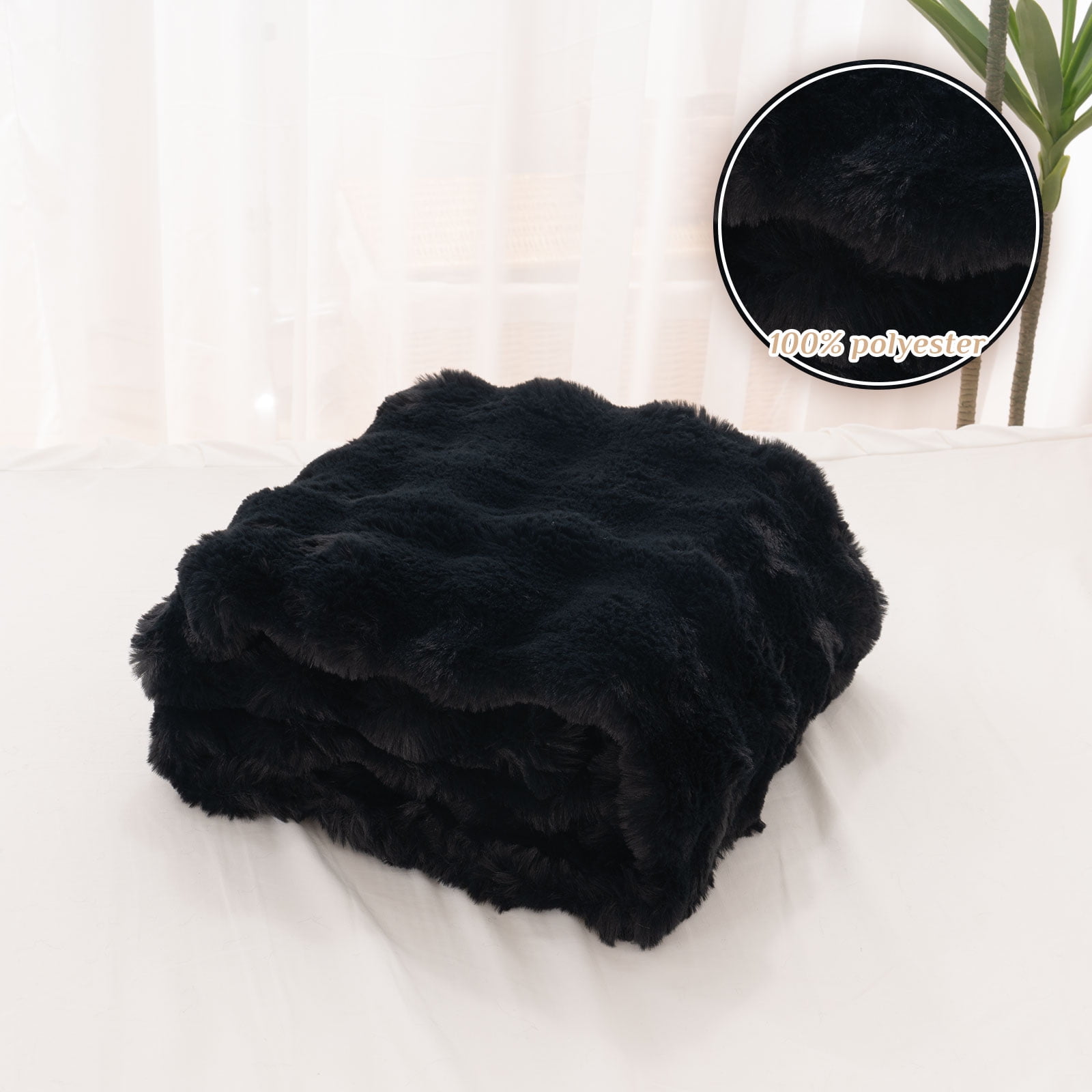 VK·LIVING Thick Ribbed Faux Rabbit Fur Cozy Reversible Throw Blanket,Super Soft 3D Striped Fuzzy Cozy Blankets,Black,60"x 80"