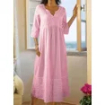 thumbnail image 4 of Vestido recto de talla grande para mujer, de media manga, plisado, informal, con escote en V, estilo bohemio, de lino, para playa, para verano, 2024, 4 of 4