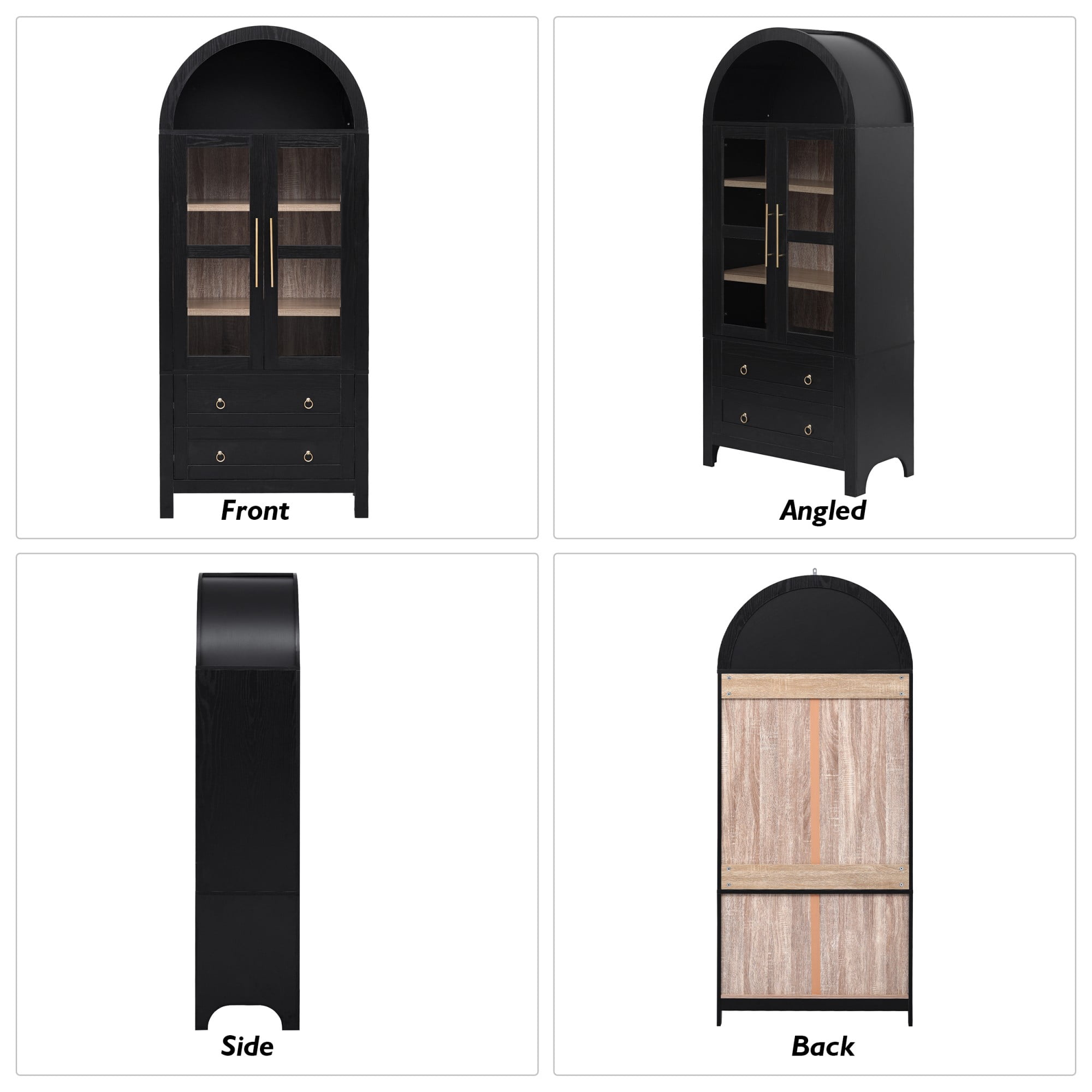 DEALTOPS Freestanding 71" Kitchen Pantry Cabinet with Arched Top, Adjustable Shelves and 2 Large Drawers, Black