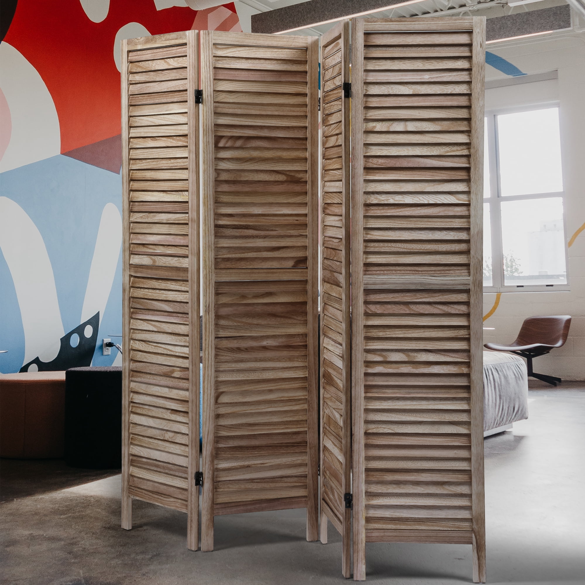 4 Panel Louvered Room Divider, 5.6 Ft Tall Foldable Privacy Screen for Home Office, Nature