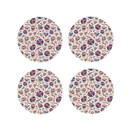 

Drink Coasters Set of 4 rock Skull record Retro Leather Coasters for Coffee Table Protector Heat Resistant Cute Coasters for Home Decor Housewarming Gifts Bar Kitchen 4 Inch Round Shape