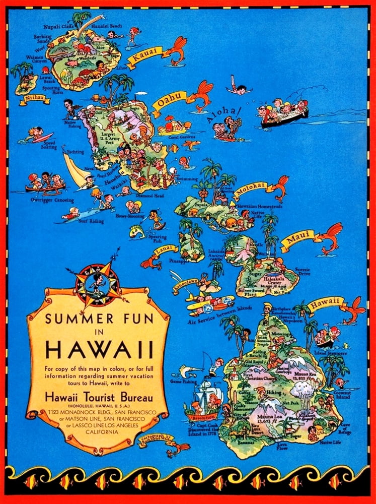 A playful map of the Hawaiian islands issued by the Hawaii Tourist ...