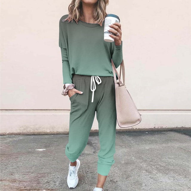 Frostluinai Sweatsuits Women 2 Piece Outfit Long Sleeve Loose Tops Elastic Waist Drawstring Sweatpants Plus Size Gradient Track Suits with Pocket
