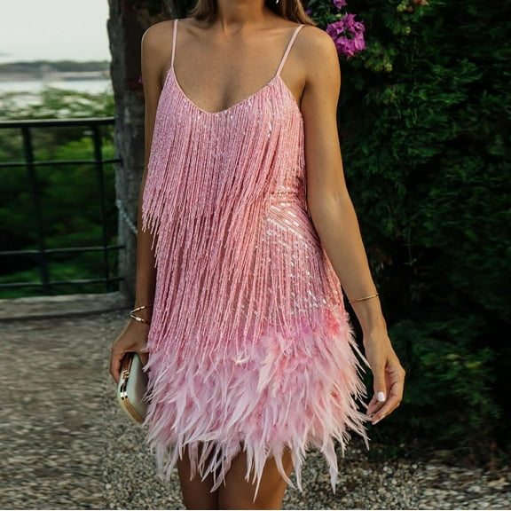 Turilly Women's Fashion Suspender Crewneck Sequin Feather Sleeveless Solid Mini Dress Party Dress