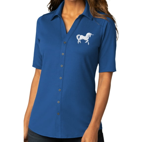 Womens White Unicorn Patch Button-Down Stretch Shirt, Small True Blue