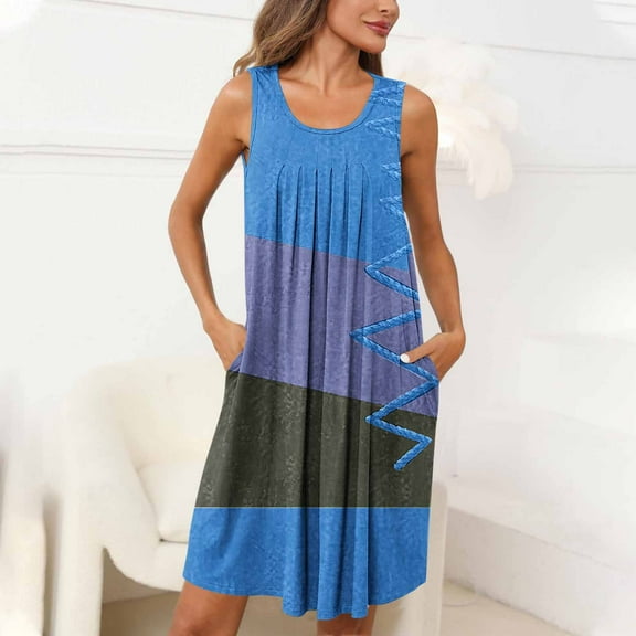 Fnooota Women's Nightgowns & Sleepshirts, Pleated Soft Sleeveless Casual Summer Dresses Blue Size 2XL