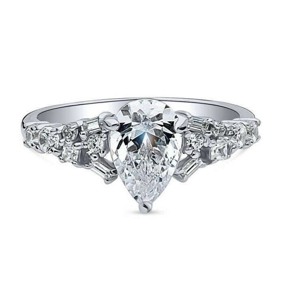 HeartsAndYou 3ct Pear Cut Moissanite Stylish Accent Solitaire Engagement Ring for Women 18k White Gold over Silver