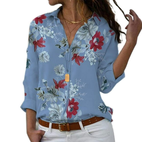 Ustyle Women Lapel Long Sleeve Blouse Girls Floral Pattern Loose Style Tops Shirt