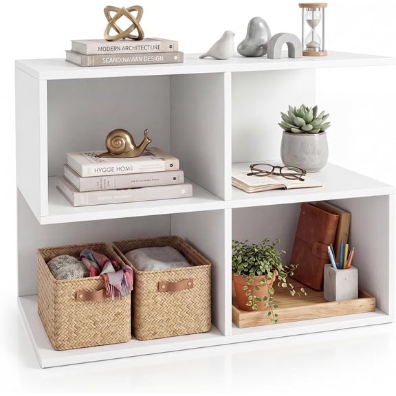 GlowPlume 4-Cube Book Shelf, 17'' Modern S-Shaped Couch End Sofa Side Table with Storage, Wood Cube Organizer, Small Bookshelf for Living Room Bedroom Home Office Dorm, White (1)